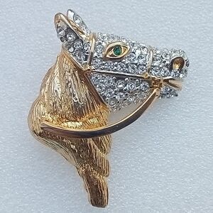 Large Vintage Gold Tone Horse Head Brooch With Clear Rhinestones & Green Eye